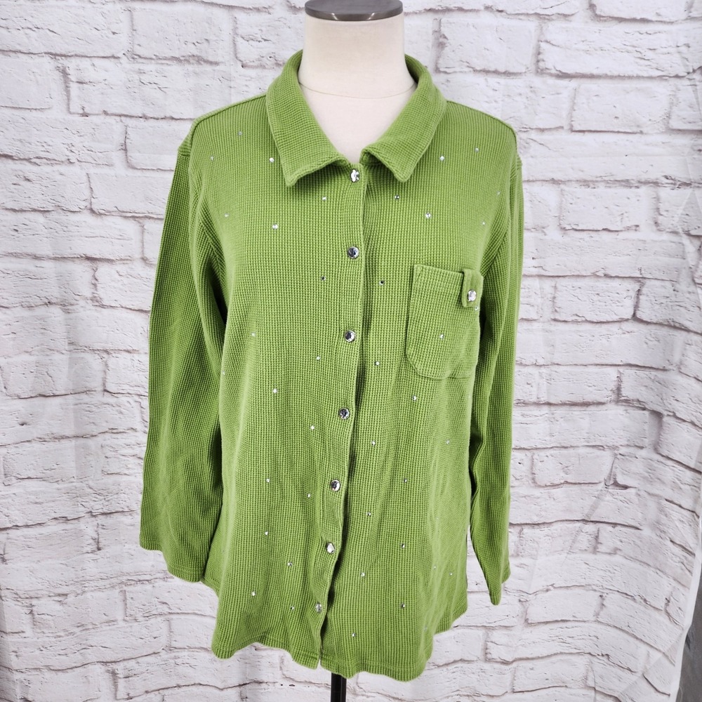 Quacker Factory Waffle Kit Rhinestone Jacket Snap Button Glam Maximalist Size XL